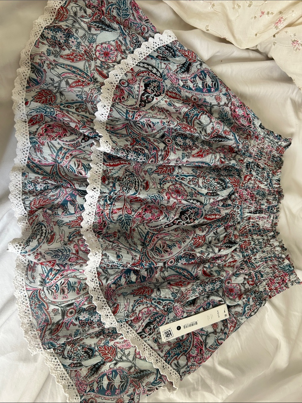 Aqua paisley skirt with white lace detail